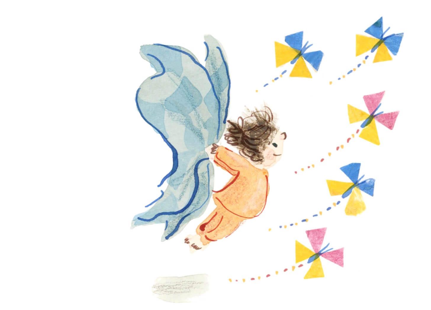 young caucasian girl wearing orange leaps into the air. The blue blanket she's holding billows out behind her like wings, she is with colourful collaged butterflies. Illustration by Nanette Regan