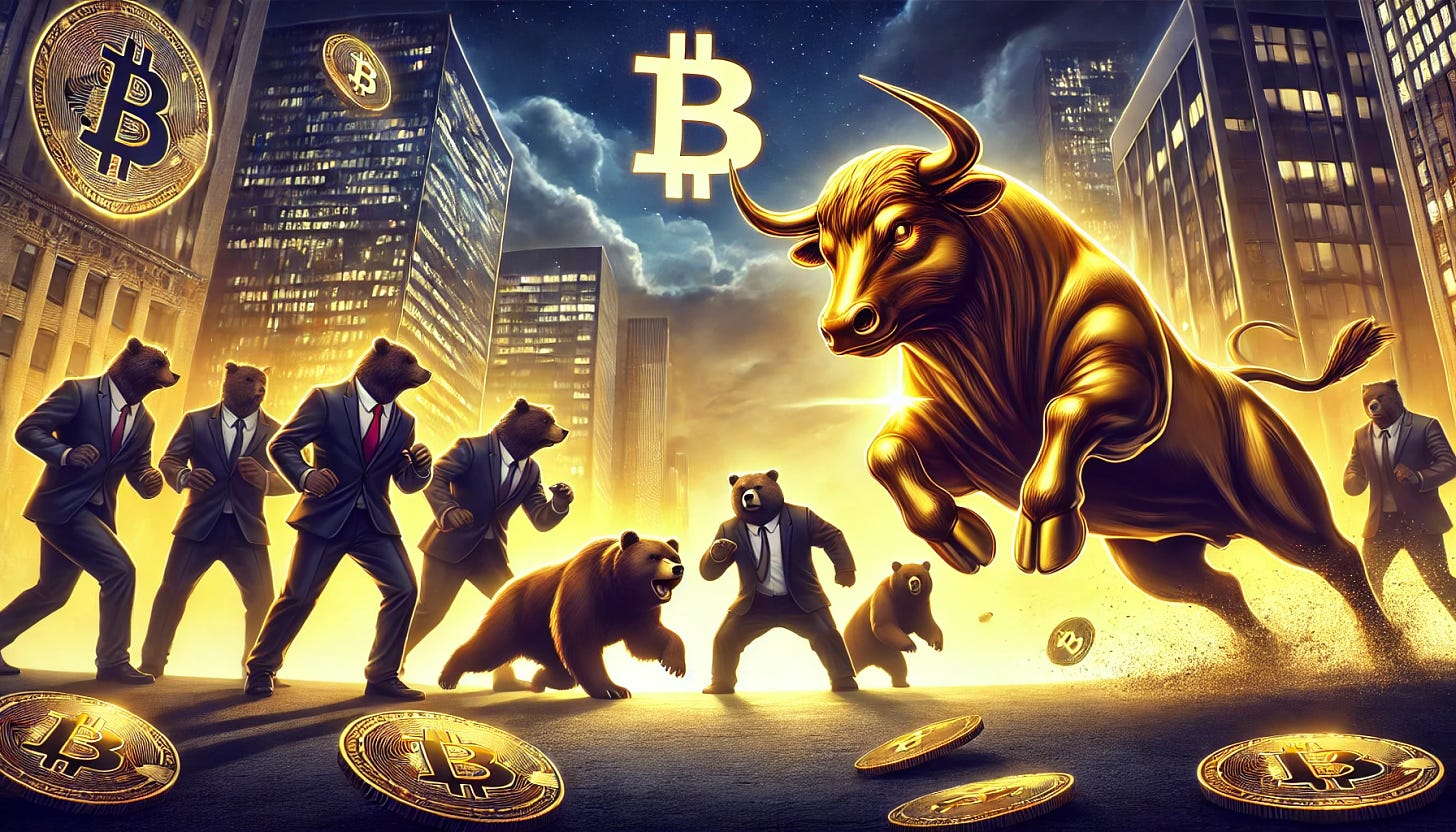 A dramatic banner-style scene featuring a golden bull with the Bitcoin logo charging forward, about to attack a group of bears in suits. The bull is taking a strong running stance, symbolizing the powerful energy of a 'bull run' in cryptocurrency markets. The bears, representing market pessimism, are in defensive positions, wearing formal business attire and looking alarmed. The background features a modern city skyline at dusk, with a financial atmosphere. The scene is intense and dynamic, capturing the essence of a financial battle.