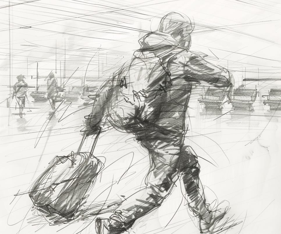 Pencil sketch of person running through an airport terminal