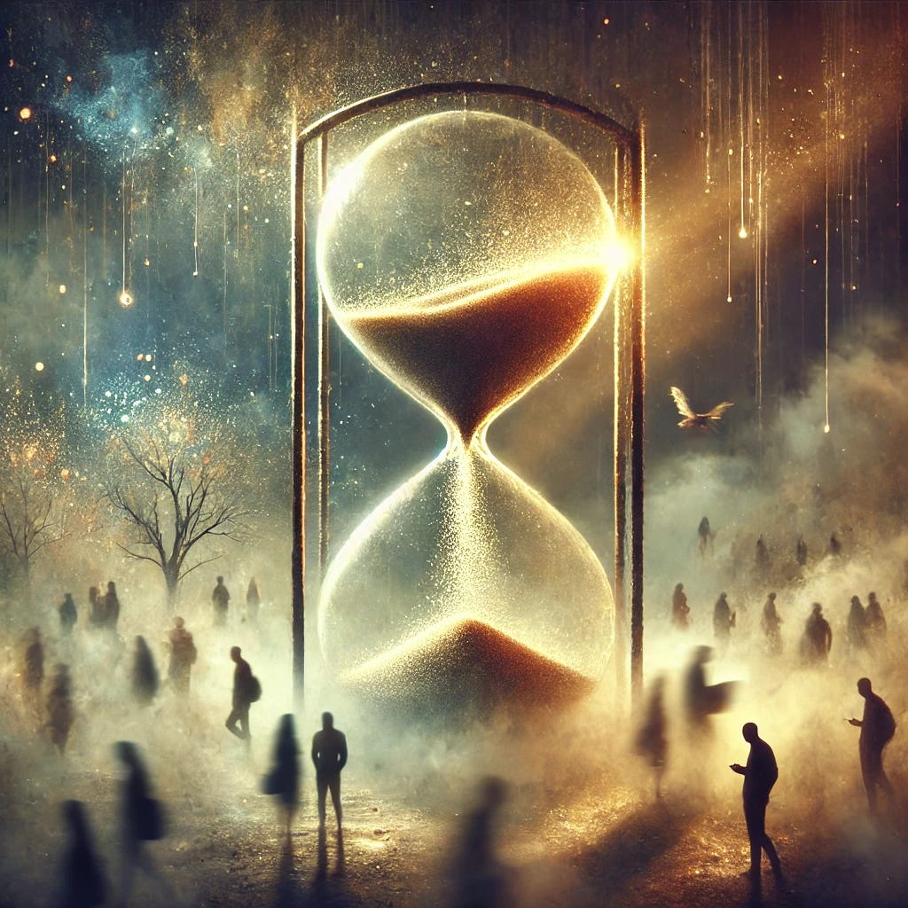 An abstract representation of the impermanence of social relationships. The scene features a blurred, ethereal background with silhouettes of people walking in different directions, some fading into the mist while others remain in focus. A large hourglass in the center represents the passage of time, with sand falling through it, symbolizing the fleeting nature of human connections. Some grains of sand flow through the hourglass smoothly, while others spill out and dissolve. Soft, warm light bathes parts of the scene, contrasting with shadowy, indistinct areas, creating a mood of both attachment and loss.