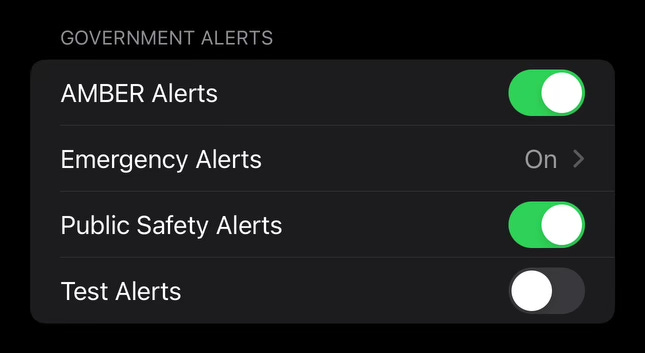 the government alerts section of the iPhone notification settings