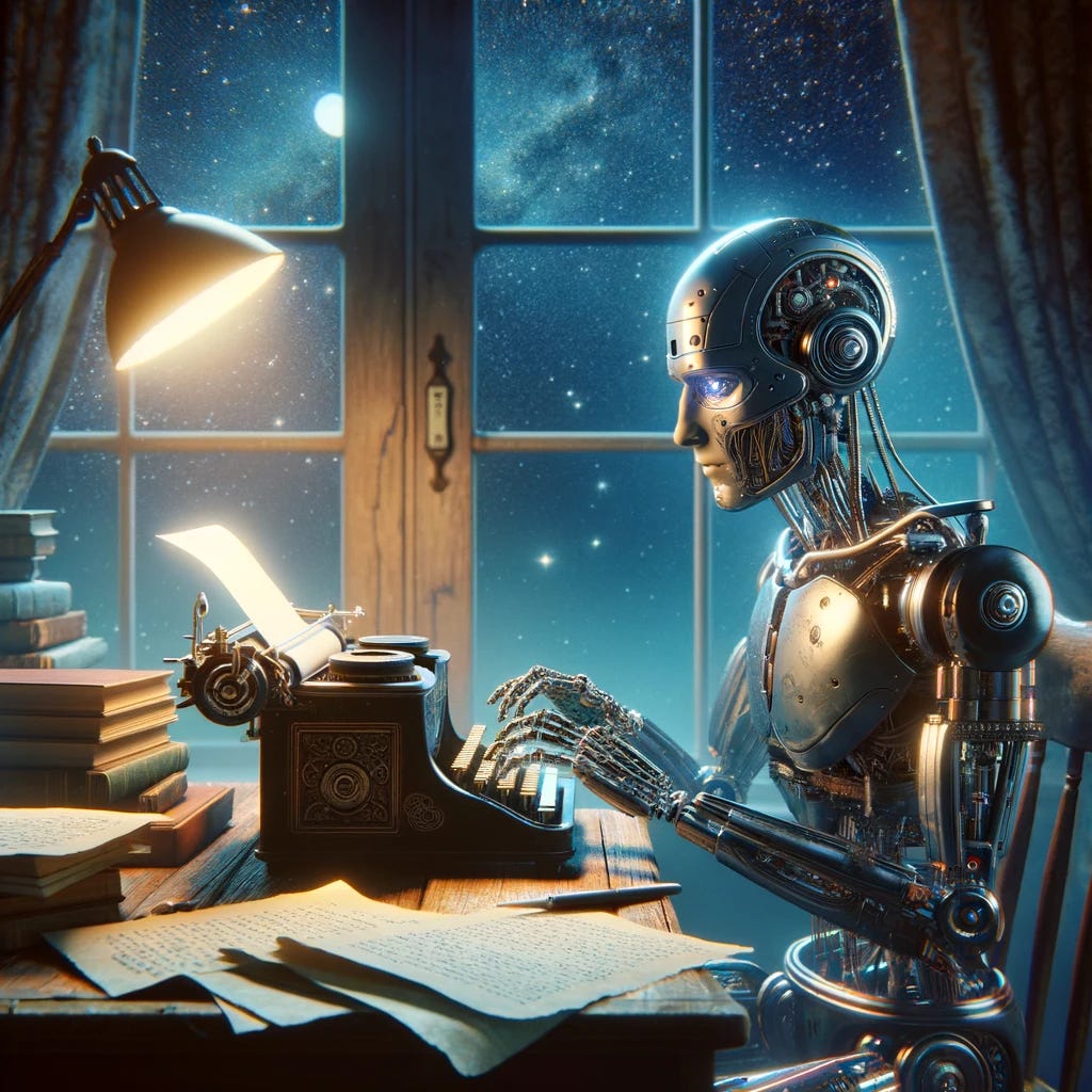 An imaginative depiction of a cyborg seated at an old-fashioned wooden desk, its mechanical hands poised over the keys of a vintage typewriter. The room is filled with the ambient glow of a desk lamp, casting light on scattered pages and books. The cyborg's face, a blend of human and machine elements, reflects deep concentration and creativity, suggesting the fusion of artificial intelligence with the art of storytelling. Behind it, a window shows a starry night sky, adding to the atmosphere of inspiration and solitude.