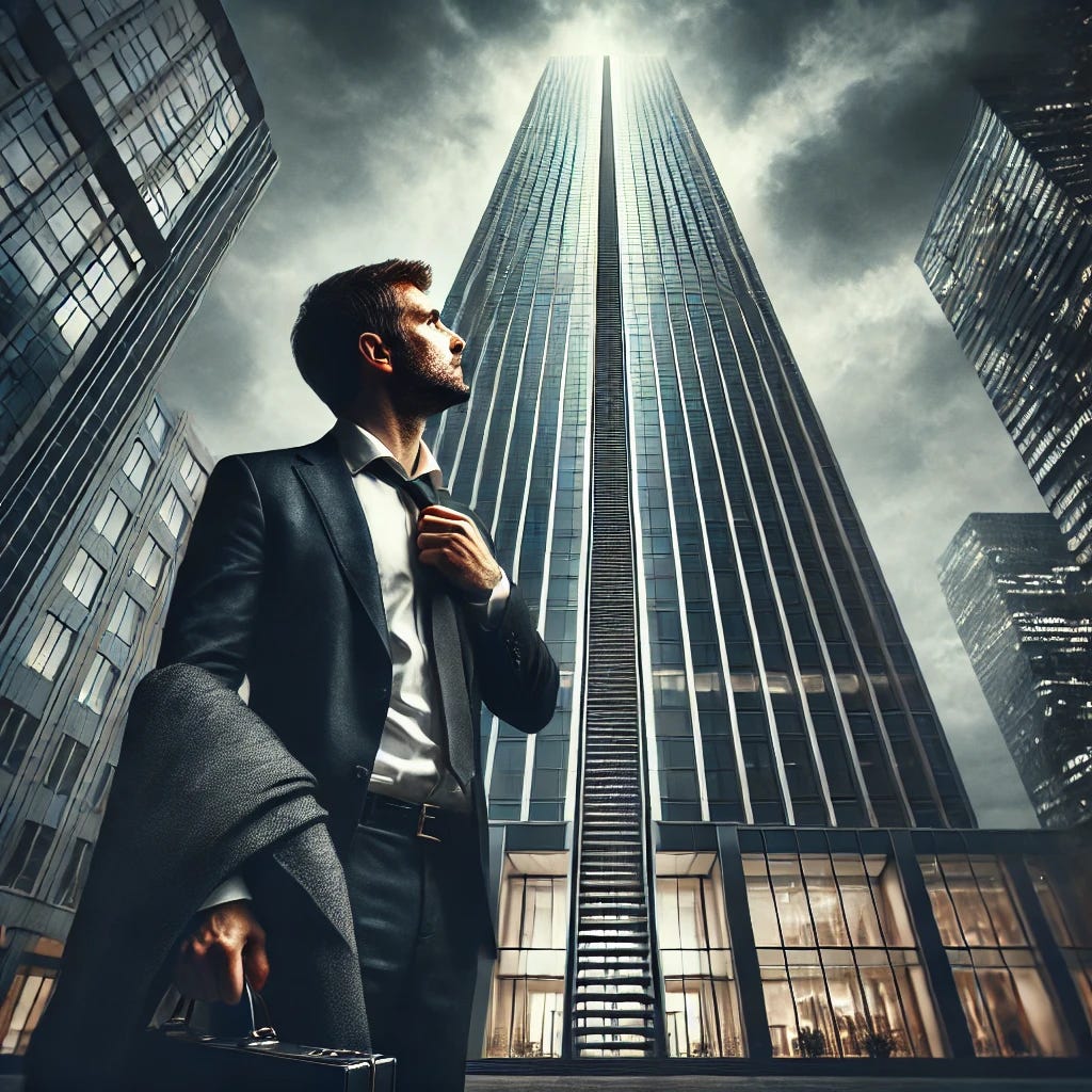 businessman is gazing at the massive corporate ladder