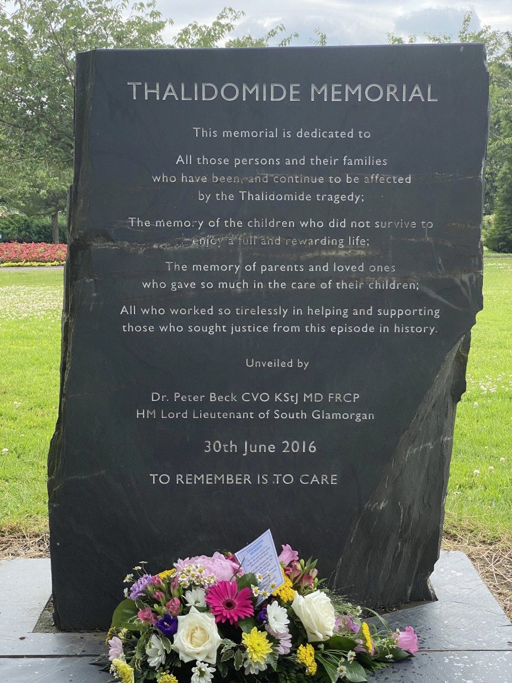 A photograph of the thalidomide memorial in Cardiff, Wales