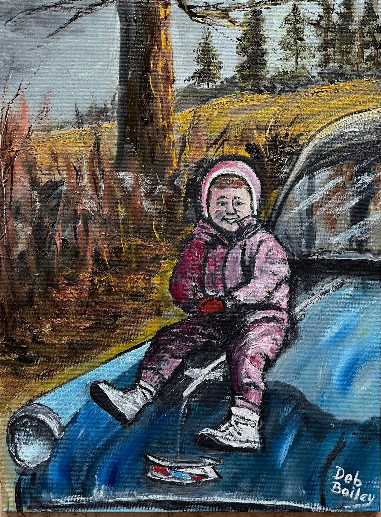 Painting by the author of the author as an infant in a pink snow suit sitting on the hood of her parents' 1954 Chevy Belair sedan