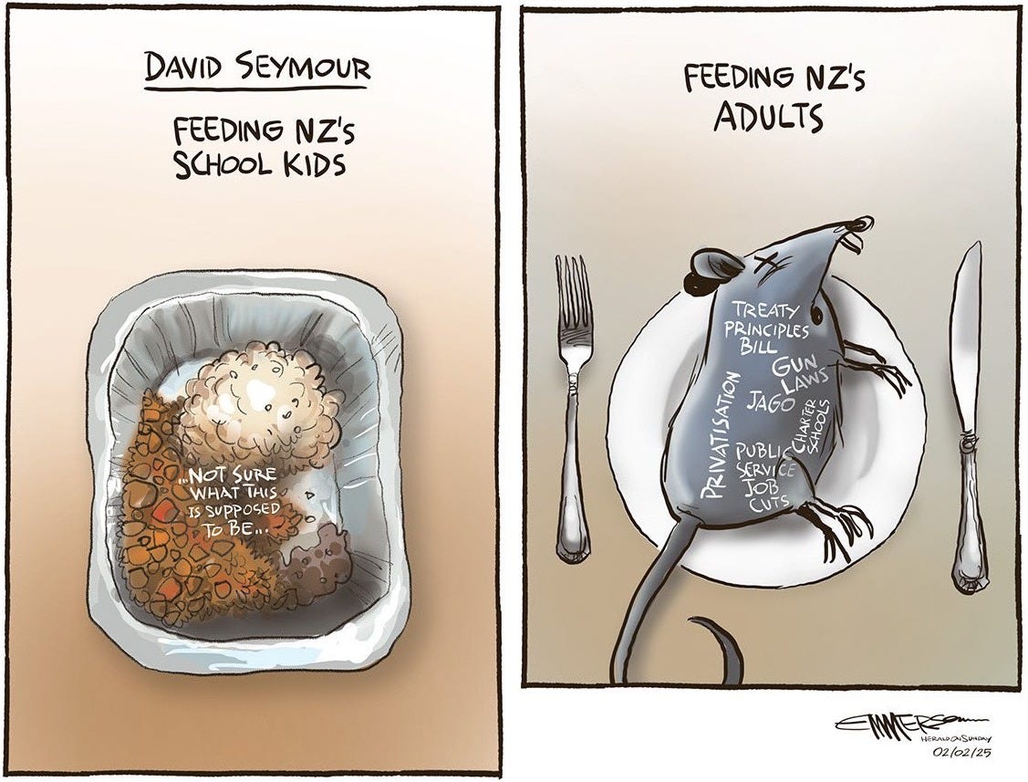 Cartoon comparing the slop served to children by Seymour and the dead rat offered to adults.