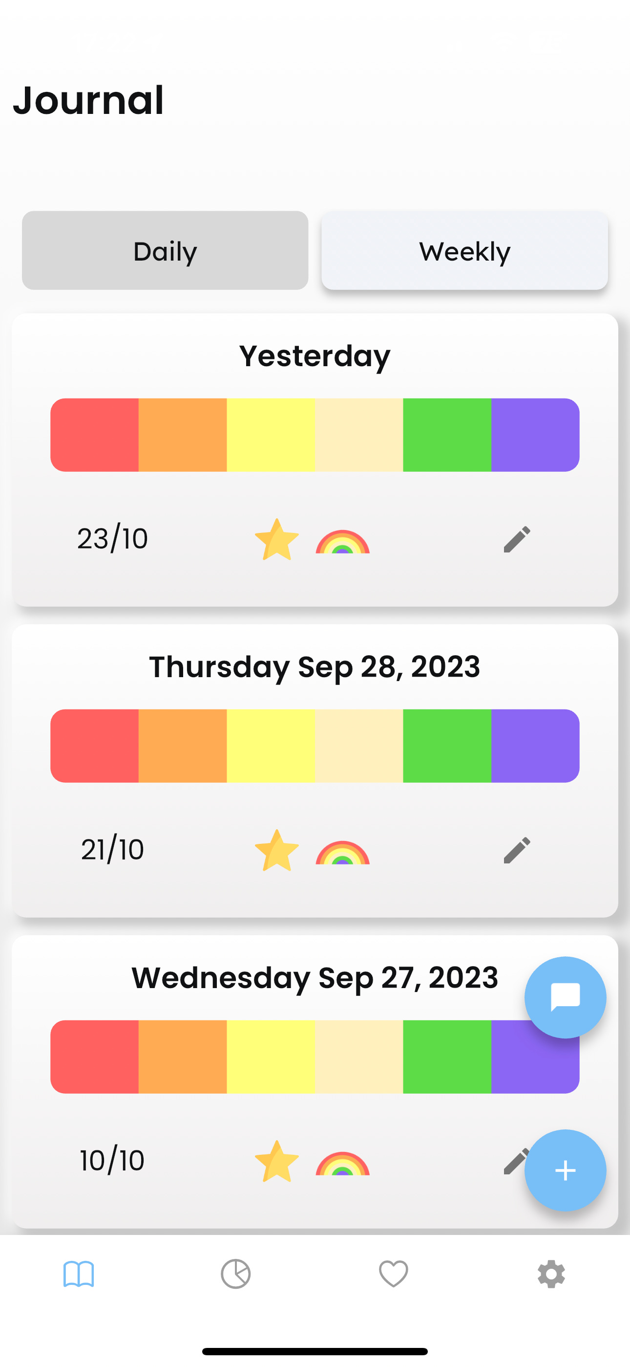 Screenshot of main screen of rainbow diet food journal app with each day represented by a strip of rainbow and data about amount of fruit and veg eaten 