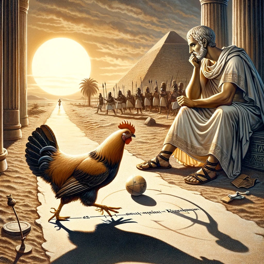 A refined historical and educational illustration inspired by Eratosthenes in 240 BC. The scene depicts Eratosthenes in ancient Greek attire, intently watching a chicken striding southward from Alexandria. This revised image emphasizes that the shadows fall directly beneath both figures, symbolizing the sun at its zenith during the solstice at Khartoum. The chicken is shown in a dynamic striding pose, illustrating its continuous journey and the critical observation that led Eratosthenes to calculate the Earth’s circumference. The background features an ancient road, seamlessly blending scientific discovery with historical context.