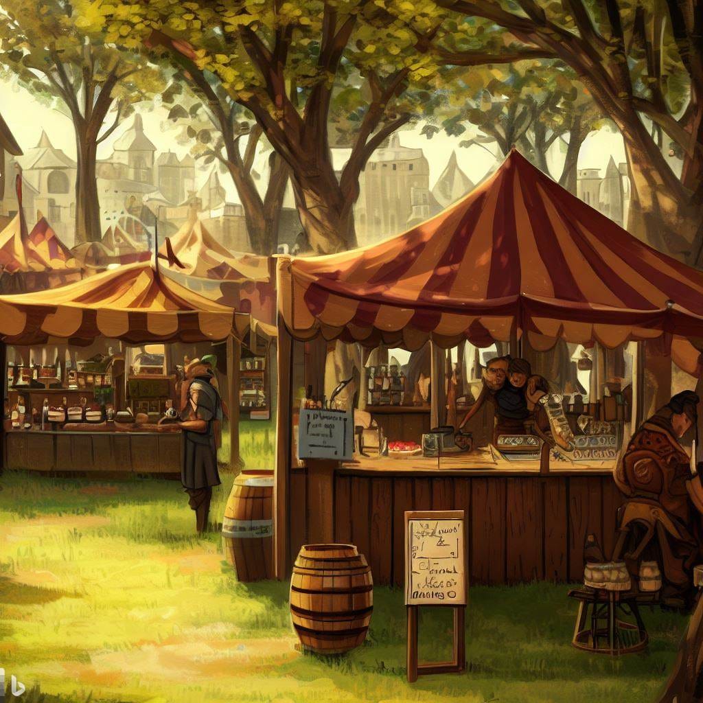 medieval fair in large clearing, farm stands, jelly sellers, honey sellers, bar serving stouts, fantasy art