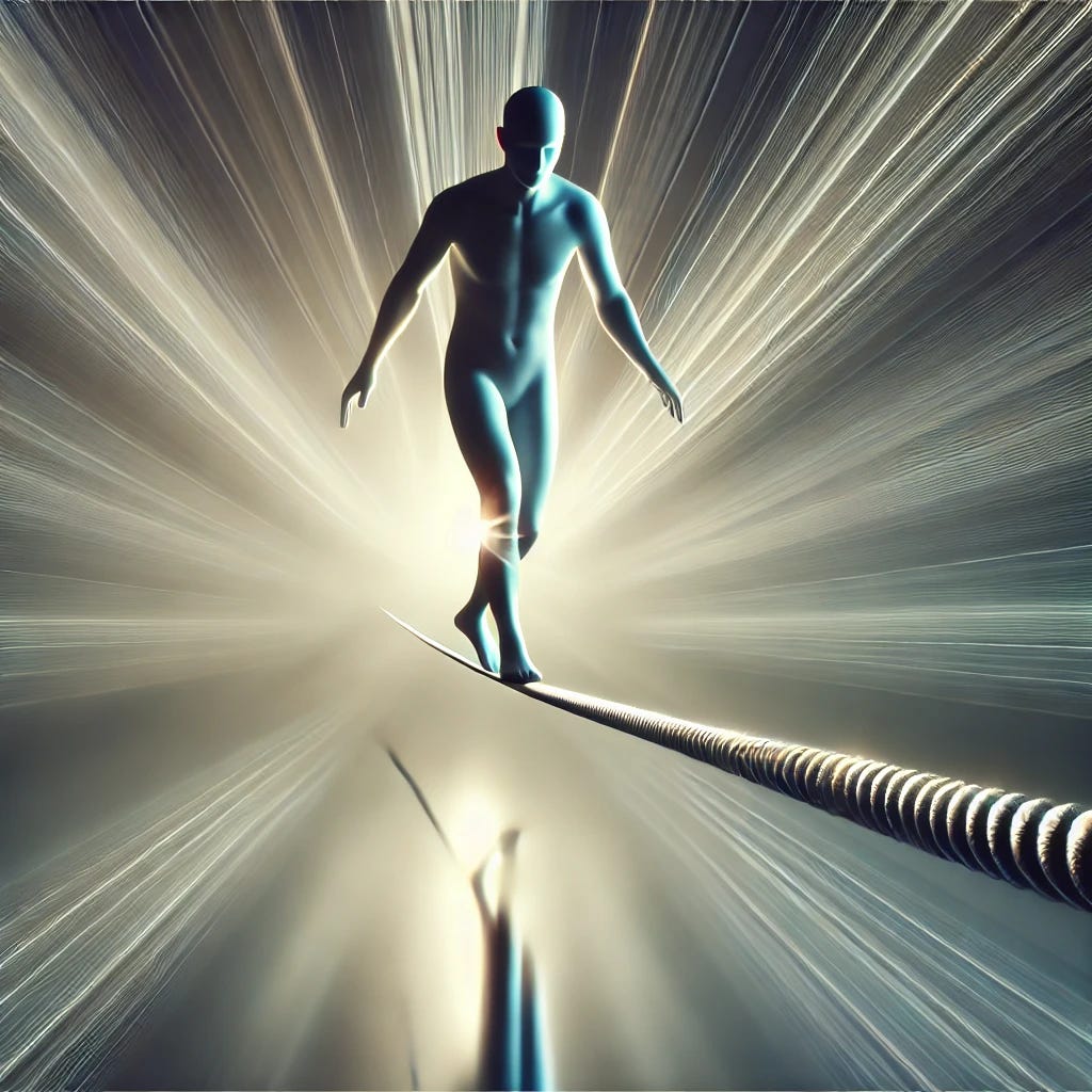 A striking image representing self-discipline and focus. The image should depict a person standing calmly with intense concentration, balancing on a tightrope or focusing on a single task in a serene yet dynamic environment. Soft beams of light should emphasize clarity and focus, with a minimalist and clean atmosphere. The visual should symbolise determination, focus, and self-control, with a feeling of calm strength and precision. No words or numbers, just a visually powerful representation of discipline and focus.