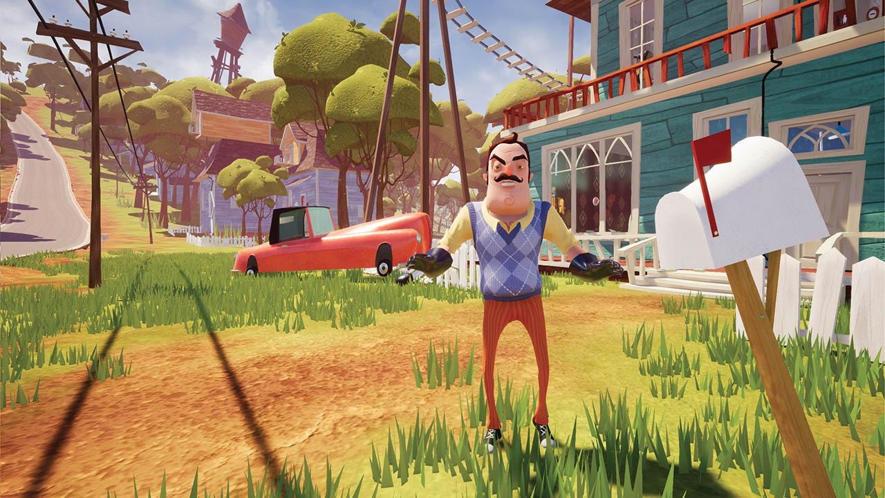 A screenshot of the neighbor from Hello Neighbor, Mr. Peterson, standing outside in his front yard, looking displeased a the viewer.