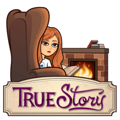 Bitmoji of the rose-haired author reading by the fireplace: True Story