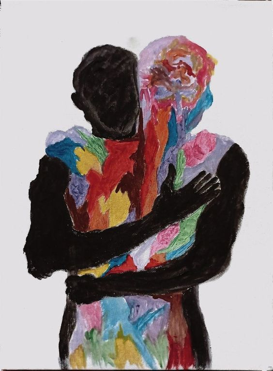 This may contain: a painting of two people hugging each other with their arms wrapped around one another and holding the other