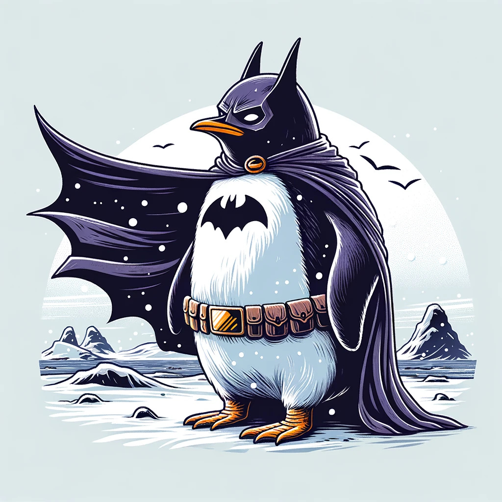 Illustration of a penguin donning a Dark Knight-themed attire in the Antarctic. With its cape billowing, the penguin assumes a heroic stance on the frozen tundra, prepared to safeguard its territory.