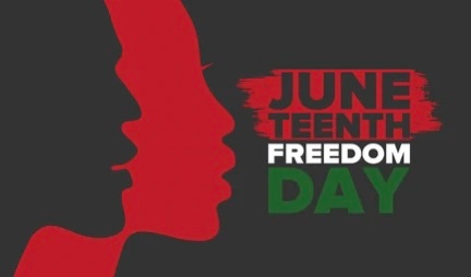          A gray background shows two people, a male and female, the red figure is the female and the gray figure is the male. On the right are letters in the colors of Gray, White, and Green saying “JUNETEENTH FREEDOM DAY” 