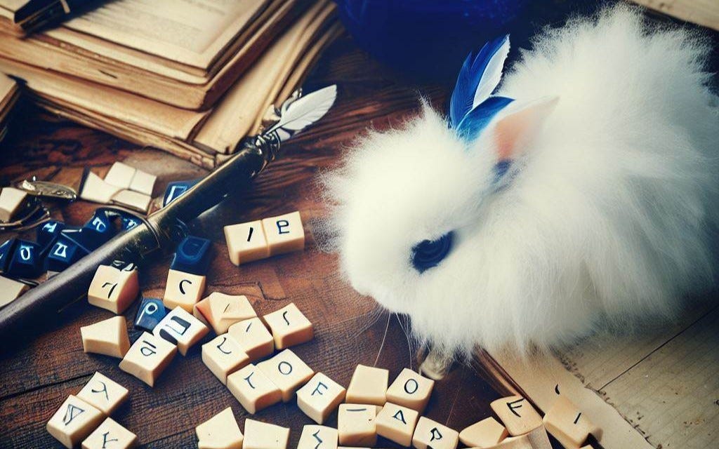 A fluffy white Blanc de Hotot rabbit sits contemplating blue and tan gaming tiles inscribed with strange letters, atop a wooden desktop also piled with old manuscripts and a quill pen.