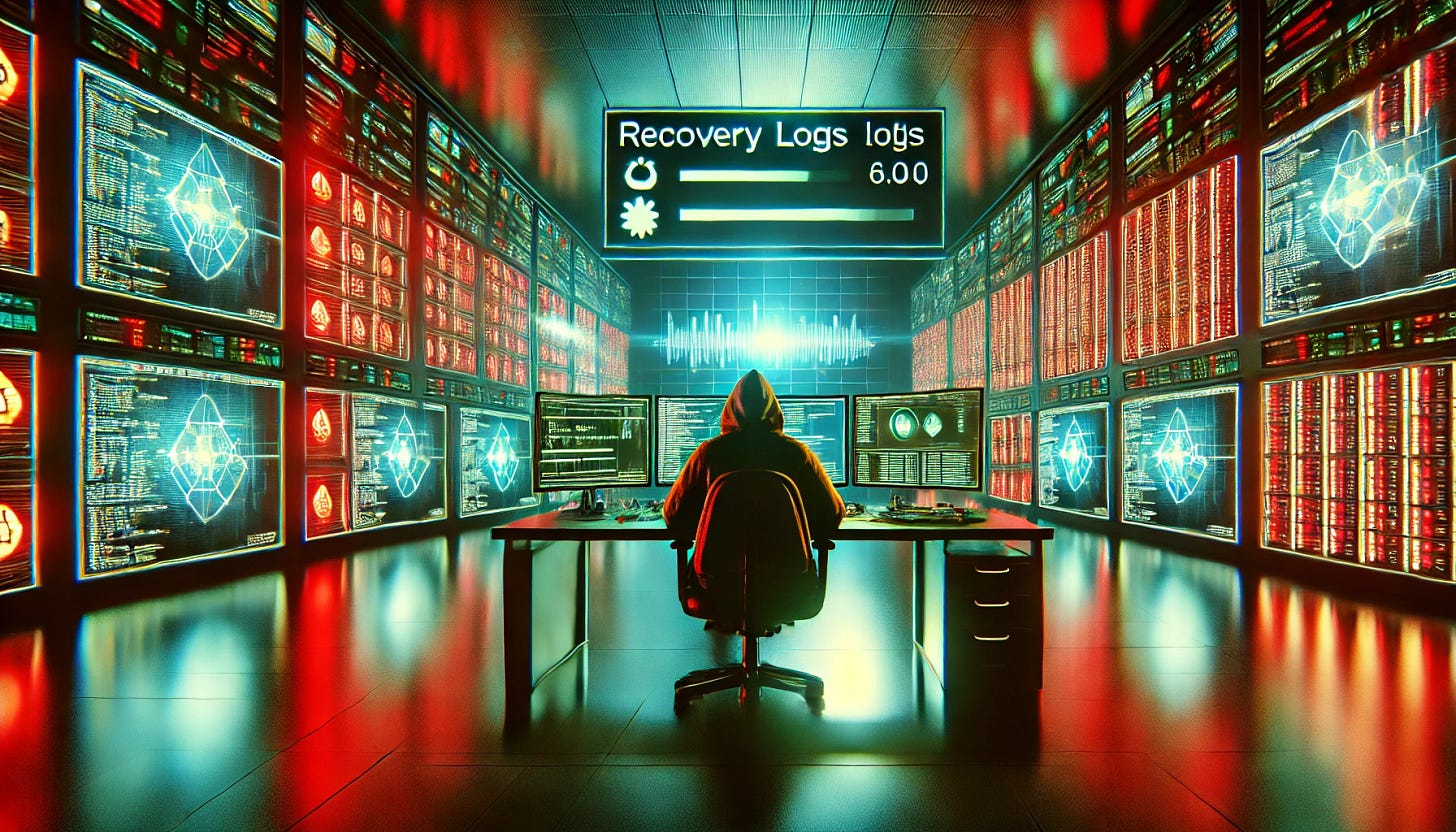 Developer in control room monitors cascading error logs and system recovery on glowing screens.