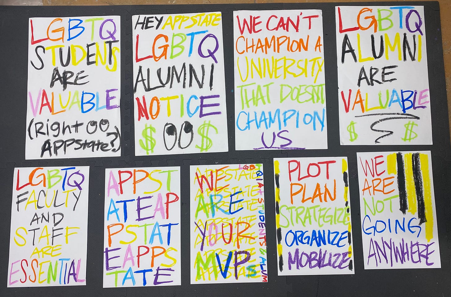 Several rainbow colored posters with different phrases on them such as "LGBTQ studetns are valuable" and "LGBTQ faculty and staff are essential".
