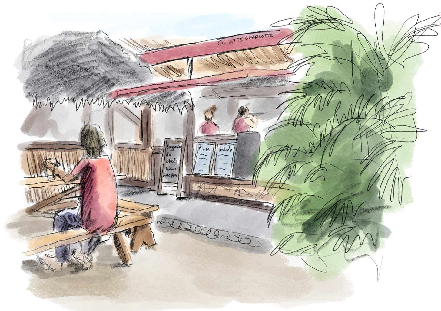 A watercolour and pencil sketch of Vaiare Pizza restaurant in Mo'orea