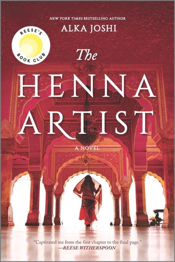 cover of “The Henna Artist” by Alka Joshi. Cover shows a red marbled buidling with a woman in a red saree