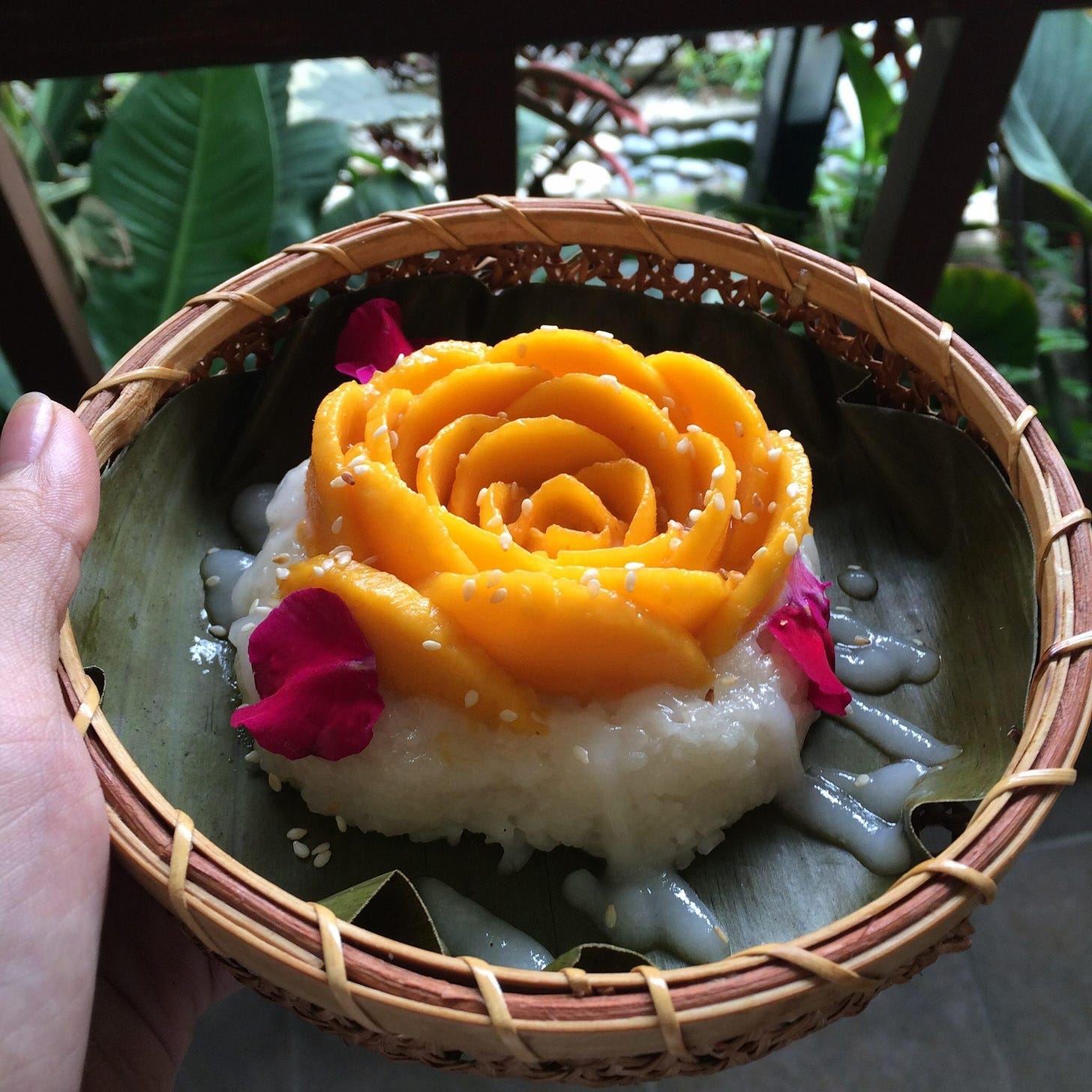 I ate] sticky rice topped with mango flower shape with sesame seeds and  edible petals : r/food