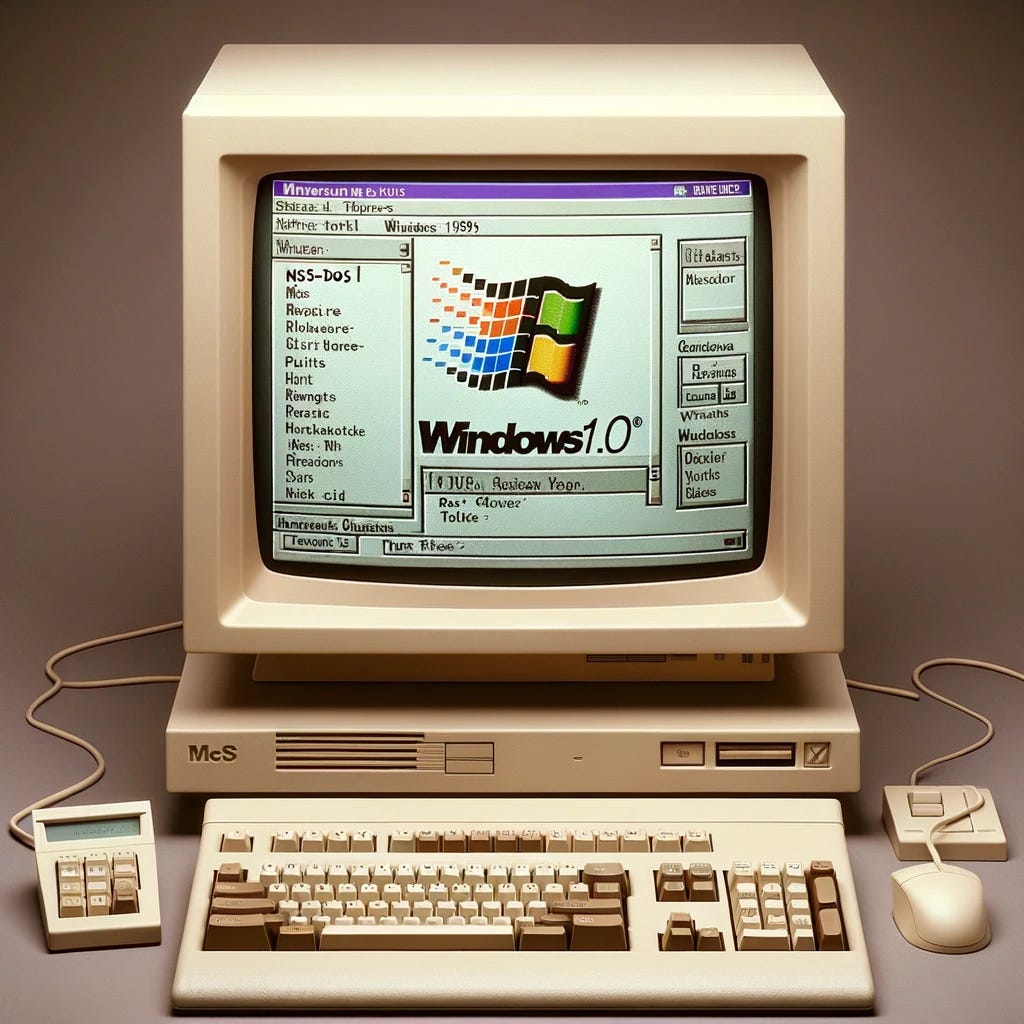 An early 1990s computer setup showcasing the first version of Microsoft Windows, Windows 1.0, on a CRT monitor. The monitor, beige and bulky, reflects the design trends of the time. On the screen, a simplistic user interface with open program windows such as MS-DOS Executive, Paint, and Calculator can be seen, emphasizing the revolutionary step towards graphical user interfaces. The keyboard, also beige, has large, rounded keys, and there's an early-model mouse with a single button. The scene conveys the excitement and novelty of using a graphical operating system in the early days of personal computing.
