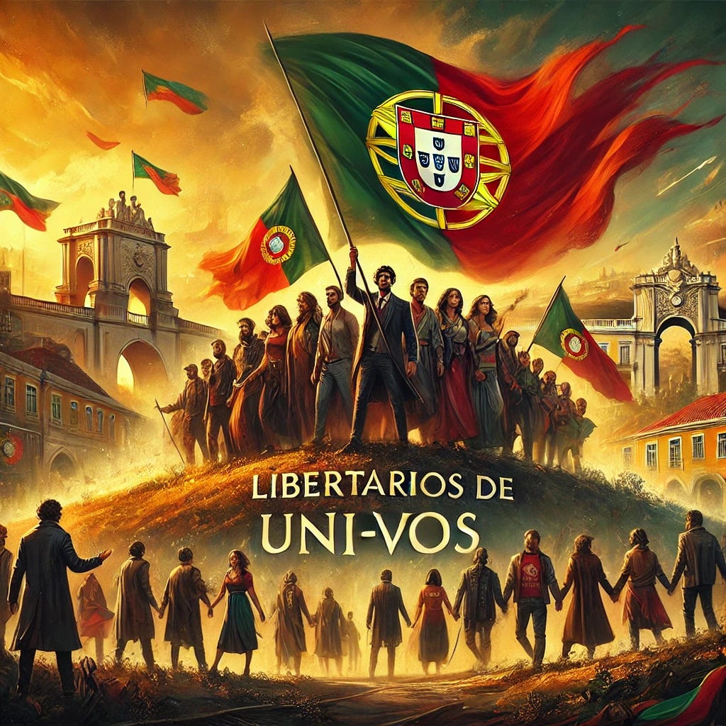 A dramatic and artistic depiction of libertarian unity in Portugal. The scene features a group of diverse individuals standing together on a hill, with the Portuguese flag waving in the background. The people are holding banners that read 'Libertários de Portugal, uni-vos' in bold letters. The atmosphere is vibrant, with warm sunlight illuminating the scene, symbolizing hope and freedom. The background includes iconic Portuguese landmarks, such as a hint of Lisbon's architecture and the sea. The style is a mix of realism and idealistic symbolism, emphasizing unity and determination.