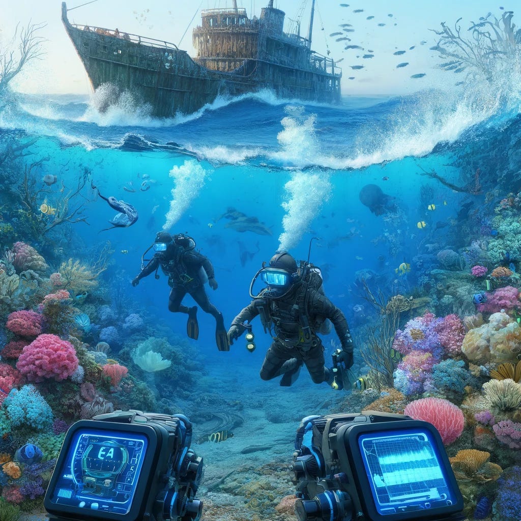 An underwater exploration scene showing divers by a sunken ship in murky waters, rendered clear through wavefront modulation technology. The divers, wear advanced diving suits and helmets displaying data. The surrounding area is rich with colorful coral reefs and active marine life.