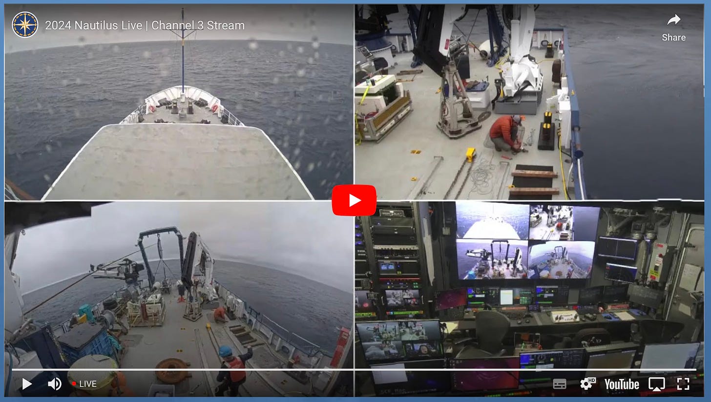 screen shot of channel 3 on Nautilus Live webcams - split screen into 4 images from in and around the ship, including the view at the bow and stern, of the sub onboard and the screens of the control room