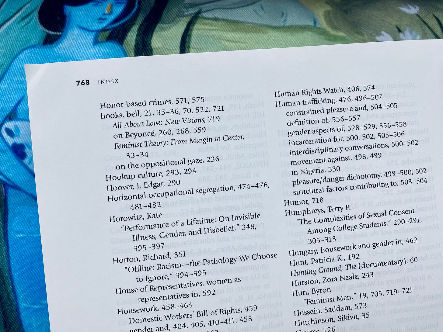 The index of a textbook, listing page numbers for mentions of bell hooks, Beyoncé, and Kate Horowitz