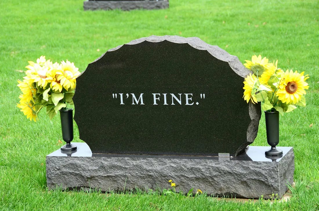 grave stone which reads "I'm fine" grave stone which reads "I'm fine"