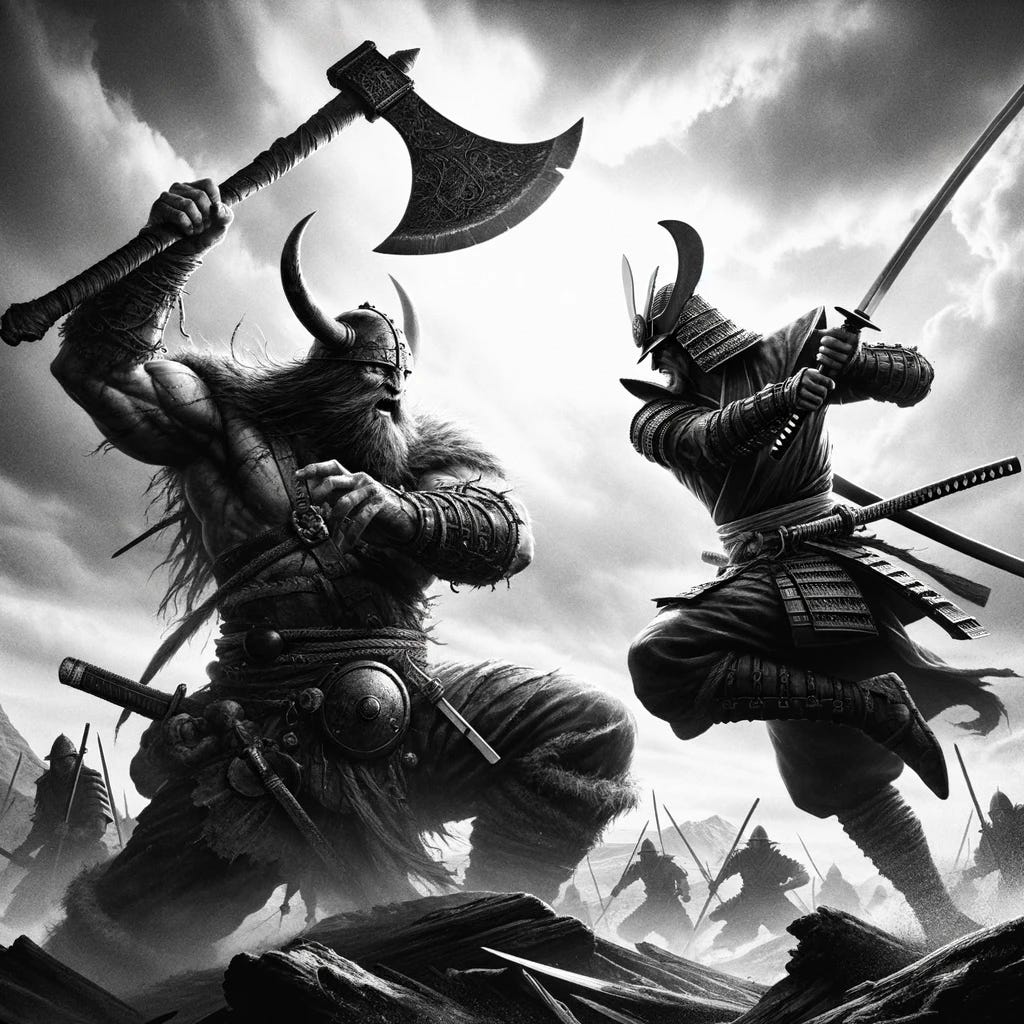 A black and white image capturing a dynamic and action-packed scene of a Viking and a Samurai in combat. The Viking is depicted as a hulking figure, towering over the Samurai, wielding a large axe. In contrast, the Samurai is smaller in stature, yet exudes agility and nimbleness, armed with a katana, poised in a stance that suggests swift movement. They are in the foreground, locked in a tense battle. The background features a dramatic landscape, possibly a stormy sky over a battlefield, which adds to the intensity of the scene.