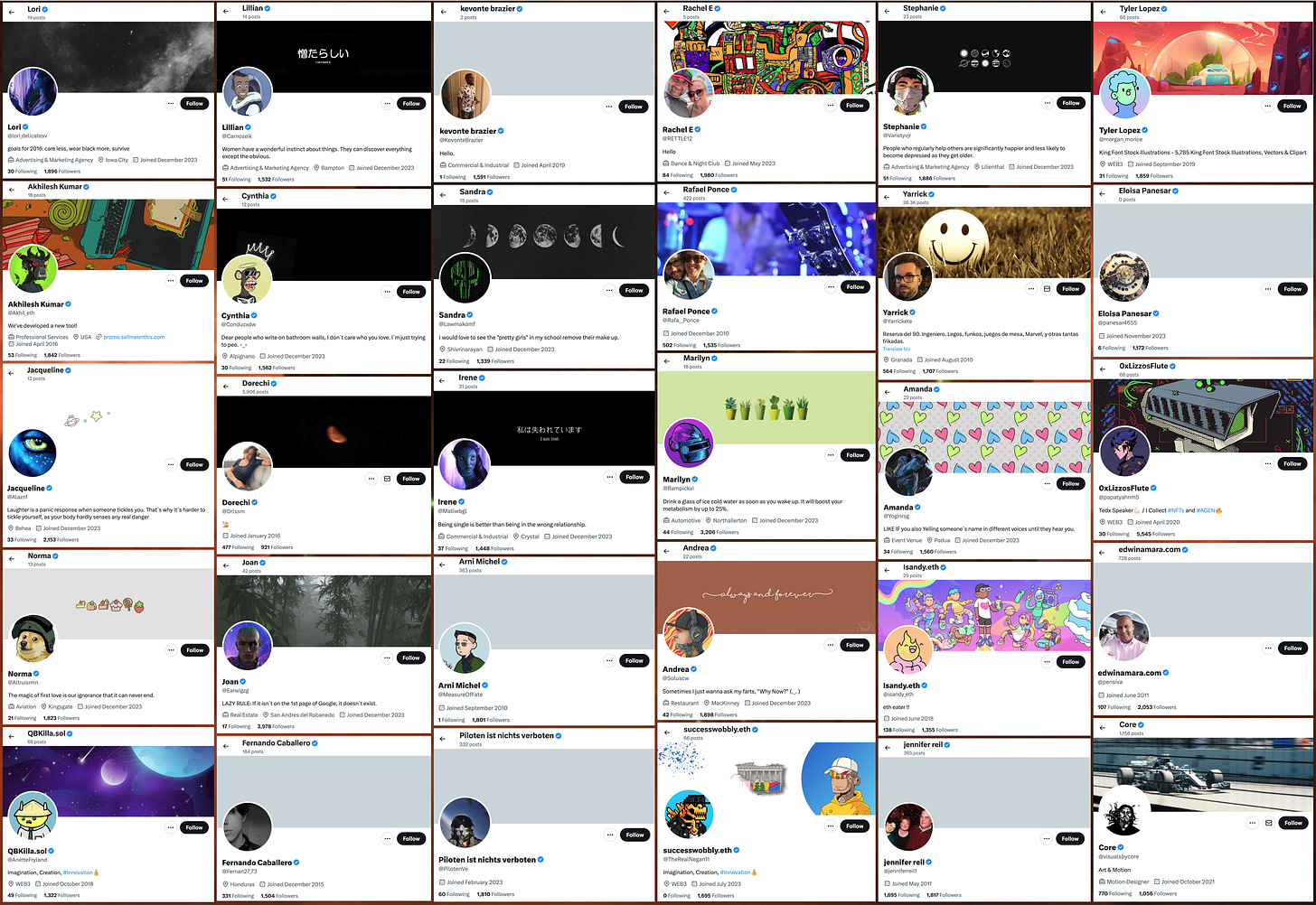 collage of the profiles of 30 accounts that posted cryptocurrency spam ads on X