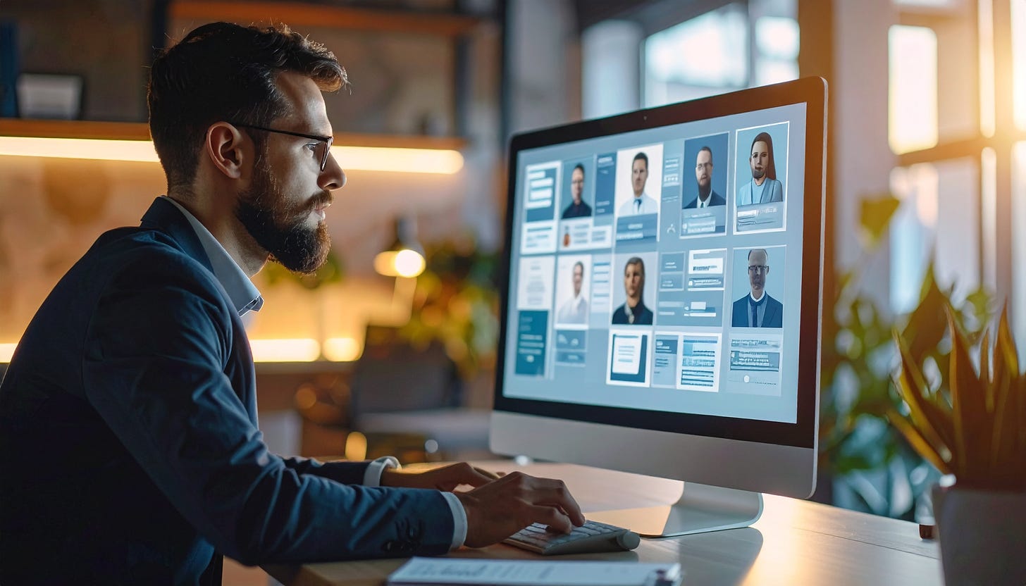 Bearded man wearing glasses and a blue suit is working at a computer in an office