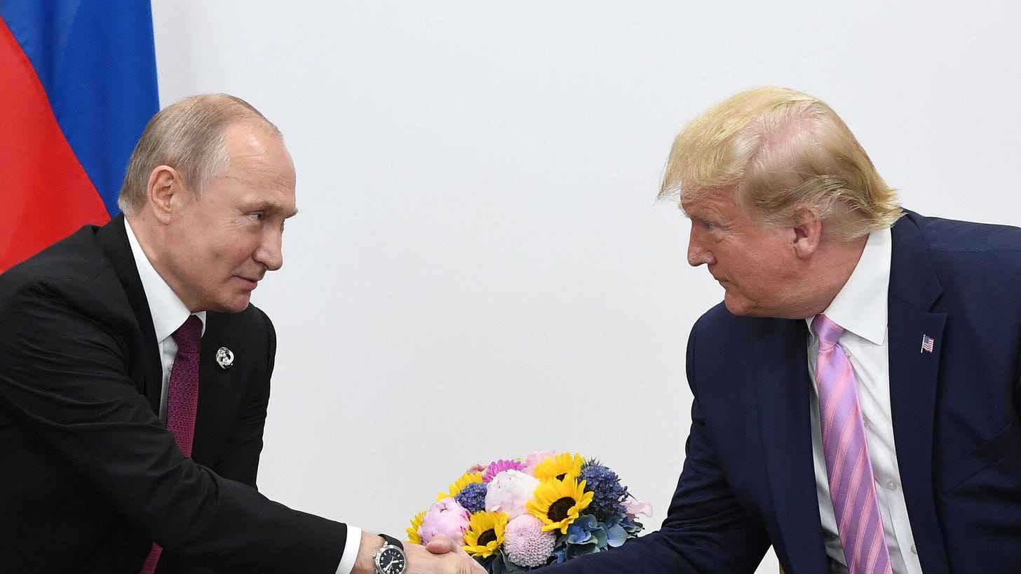 Russian President Vladimir Putin and U.S. President Donald Trump shake hands during a bilateral meeting at the at the Group of 20 (G20) leaders summit in Osaka, Japan. - Sputnik International, 1920, 12.01.2025