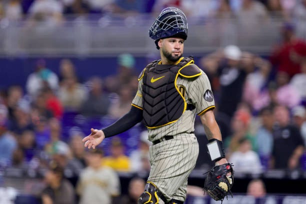 Gary Sanchez of the San Diego Padres reacts against the Miami Marlins during eighth inning at loanDepot park on May 31, 2023 in Miami, Florida.