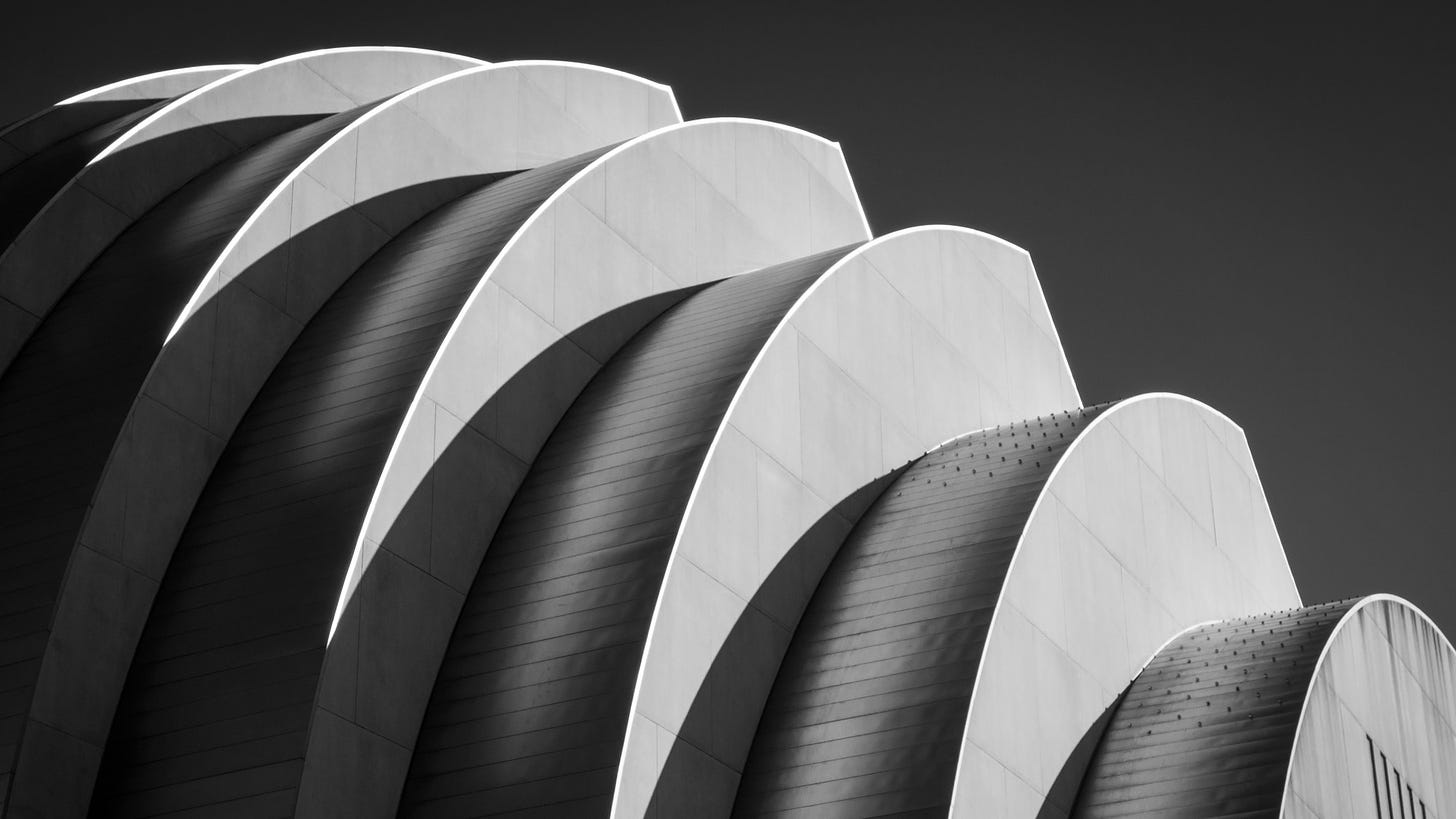 Close up, abstract shot of the roof of the Kauffman Center for the Performing Arts in Kansas City