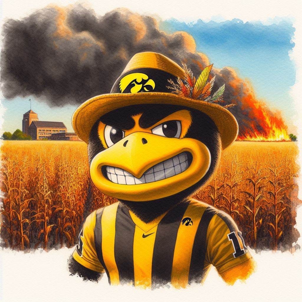 The Iowa Hawkeyes mascot smirking in front of a burning field, watercolor