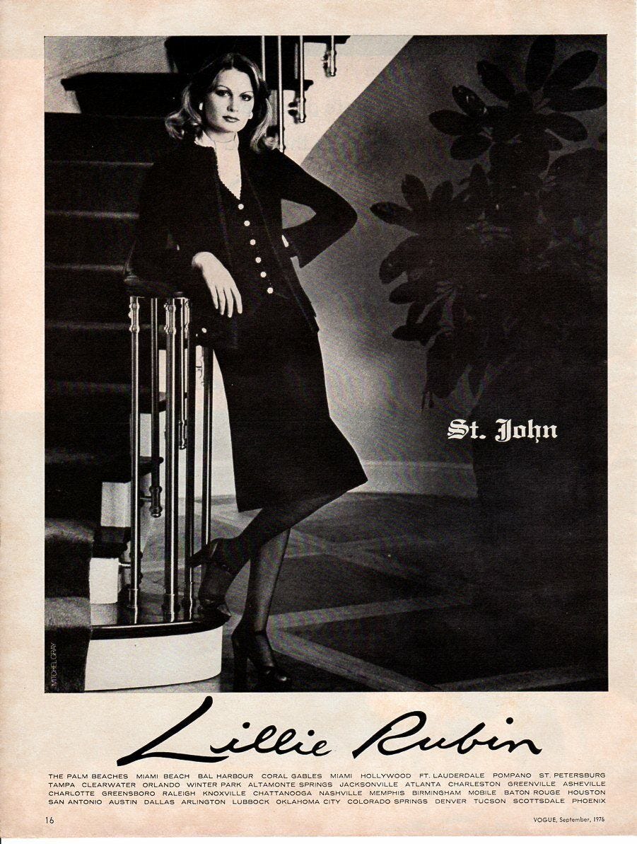 Vintage advertising print ad 1976 Fashion St. John dress suit Lillie Rubin  Gray