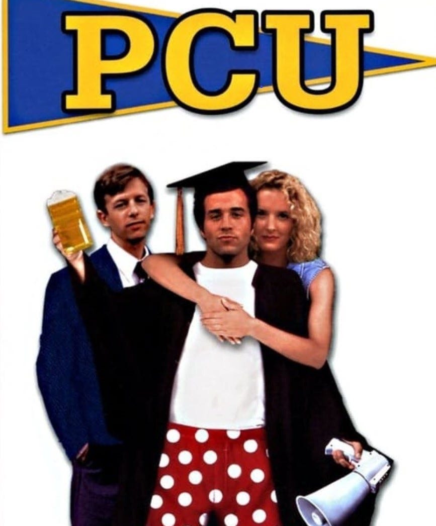 Cover art for PCU DVD showing two men and a woman.