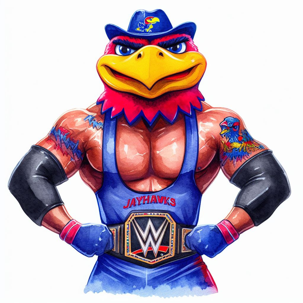 Kansas Jayhawks mascot as a WWE wrestler, watercolor