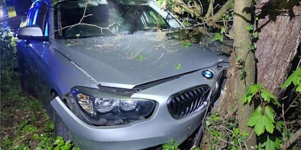 BMW car with damage next to tree