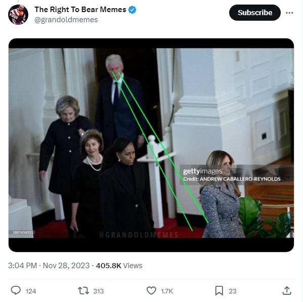 Tweet showing Melania Trump, Michelle Obama, Laura Bush, Hillary Clinton, and Bill Clinton filing into church; two green lines are drawn from Bill Clinton's eyes to Melania Trump's backside