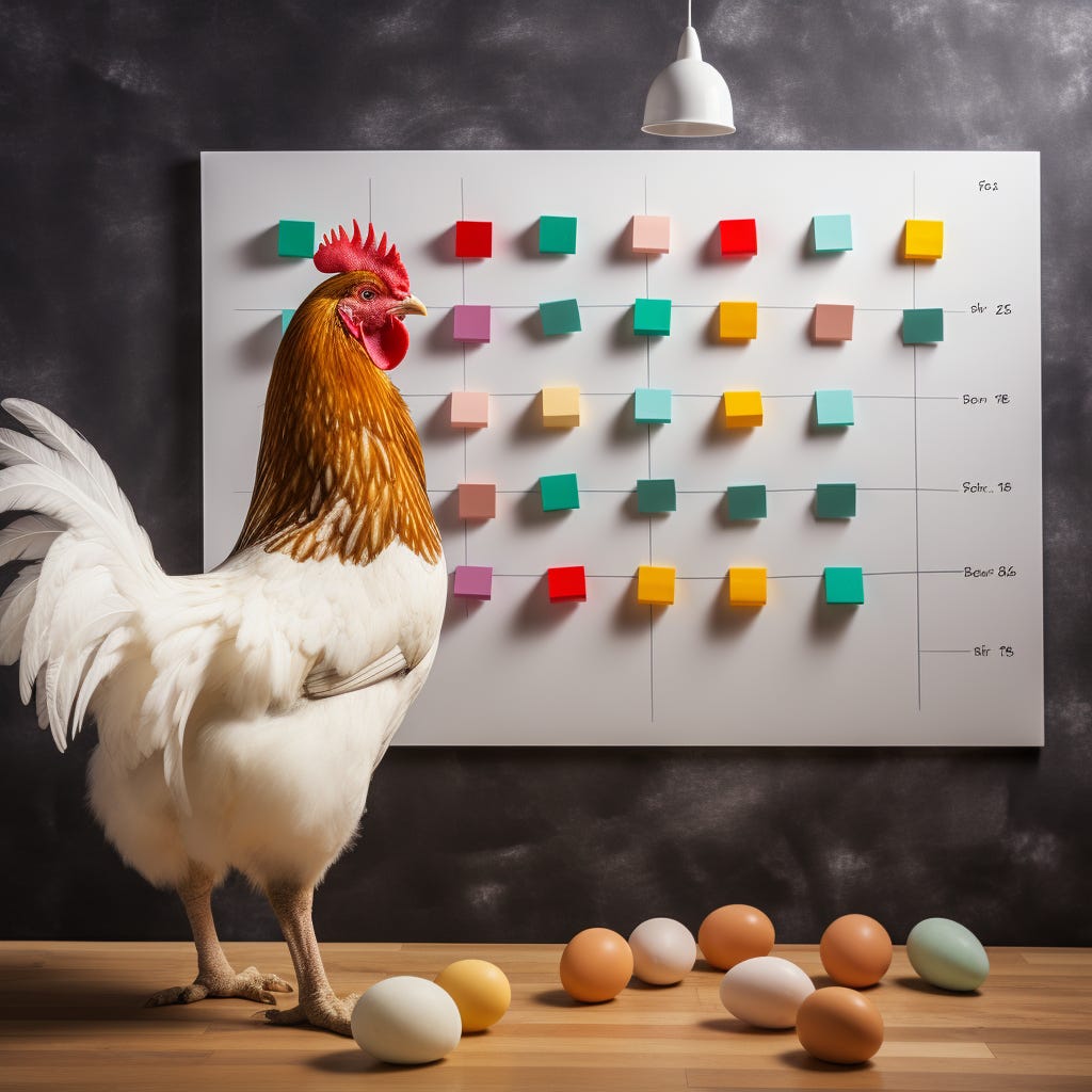 a chicken looking at sticky notes on a whiteboard, surrounded by a handful of eggs