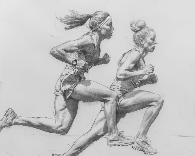 A pencil sketch of two runners racing side-by-side.