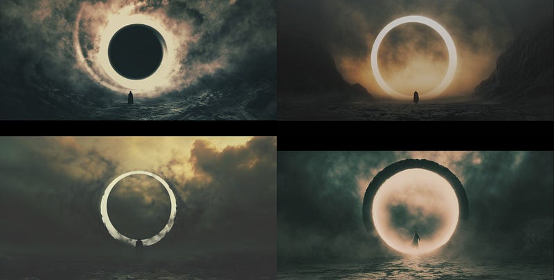 Cinematic Medium Shot, mysterious human, circular portal in an alien wasteland leading towards a nebula, in the style of biblical drama, monumental figures, voluminous mass
