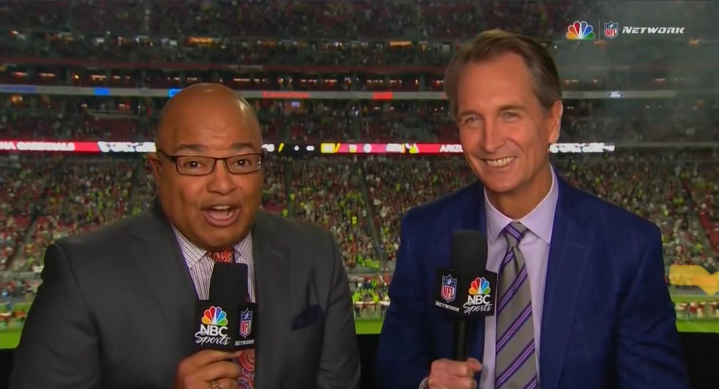 Mike Tirico, Cris Collinsworth, and Michele Tafoya on the call for PIT/BUF  on SNF : r/buffalobills