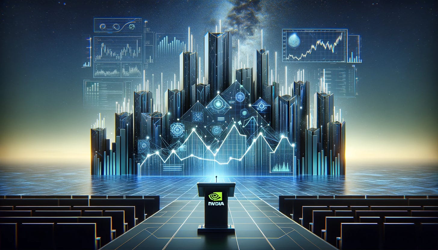 A conceptual illustration of large, towering stock market charts, symbolizing the major AI companies, under a vast, evening sky. The charts are stylized to represent growth and innovation, with futuristic, digital elements embedded within their structure. In the foreground, a podium awaits, subtly lit by spotlights, suggesting the anticipation of a keynote speaker from Nvidia. The scene is charged with excitement and potential, as if the air itself buzzes with the electricity of technological advancement and the promise of groundbreaking announcements.