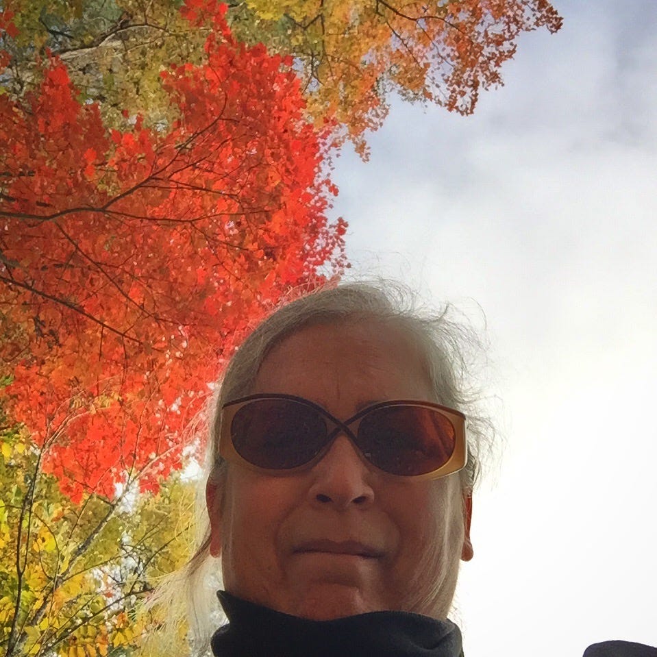 a selfie taken under a canopy of trees that have turned colors for autumn