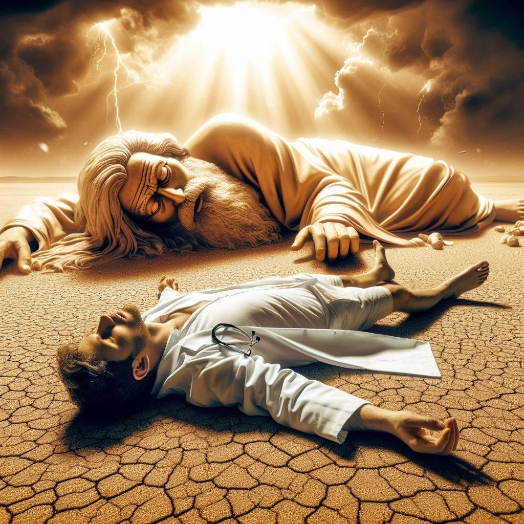 God and a scientist are lying flat and unconscious on a desert surface